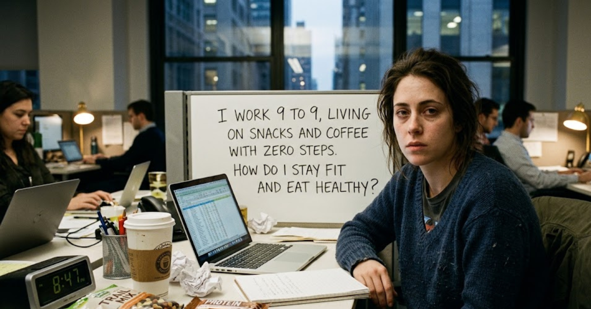 I Work 9 to 9, Living on Snacks and Coffee With Zero Steps. How Do I Stay Fit and Eat Healthy?